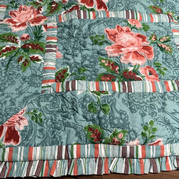 Soft Surroundings Quilted Floral Stripe Ruffle Cottagecore Farm Shams set 2 Boho - Picture 2 of 6